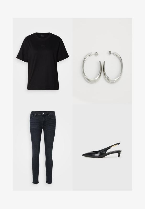 Fekete pamut póló kerek nyakkivágással, rövid ujjakkal és hímzett logóval a mellkasán. Egyszerű, laza szabás, minta nélkül.; Sötét indigókék farmer skinny farmernadrág, közepes derékkal, klasszikus öt zsebes kialakítással és finom varrási részletekkel az illesztések mentén.; Fekete bőr slingback magassarkúk, hegyes orral, vékony sarkakkal és arany színű részlettel a állítható pánton. Simа felület.; Ezüst karika fülbevalók sima, ívelt formával. Fényes fémes felülettel és tűs zárral rendelkeznek. Nincsenek látható minták vagy kiegészítők.