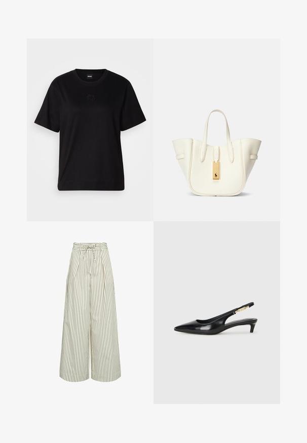 Fekete pamut póló kerek nyakkivágással, rövid ujjakkal és hímzett logóval a mellkasán. Egyszerű, laza szabás, minta nélkül.; Krém színű, széles lábú nadrág vékony barna függőleges csíkokkal. Plissékkel és derékon megkötős övvel rendelkezik. Simább anyagból készült.; Fekete bőr slingback magassarkúk, hegyes orral, vékony sarkakkal és arany színű részlettel a állítható pánton. Simа felület.; Fehér bőr táska strukturált formával, kiemelkedő varrásokkal, arany színű fém címkével és dupla fogantyúkkal. Texturált felület oldalzsebekkel.