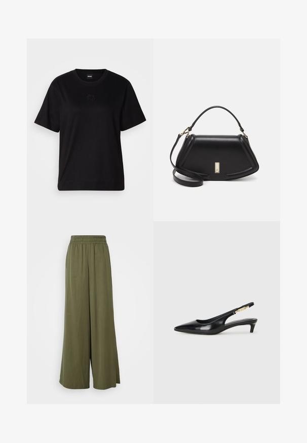 Sort bomulds t-shirt med rund halsudskæring, korte ærmer og et broderet logo på brystet. Enkel, afslappet pasform uden mønstre.; DRYKORN CEILING - Bukser - green; Sorte læder slingback hæle med spids tå, der har en slank hæl og en guldfarvet detalje på den justerbare rem. Glat tekstur.; Sort læderhåndtaske med en struktureret design, der har en kortet form, tophåndtag og guld hardware-accenter. Justerbar skulderrem inkluderet.