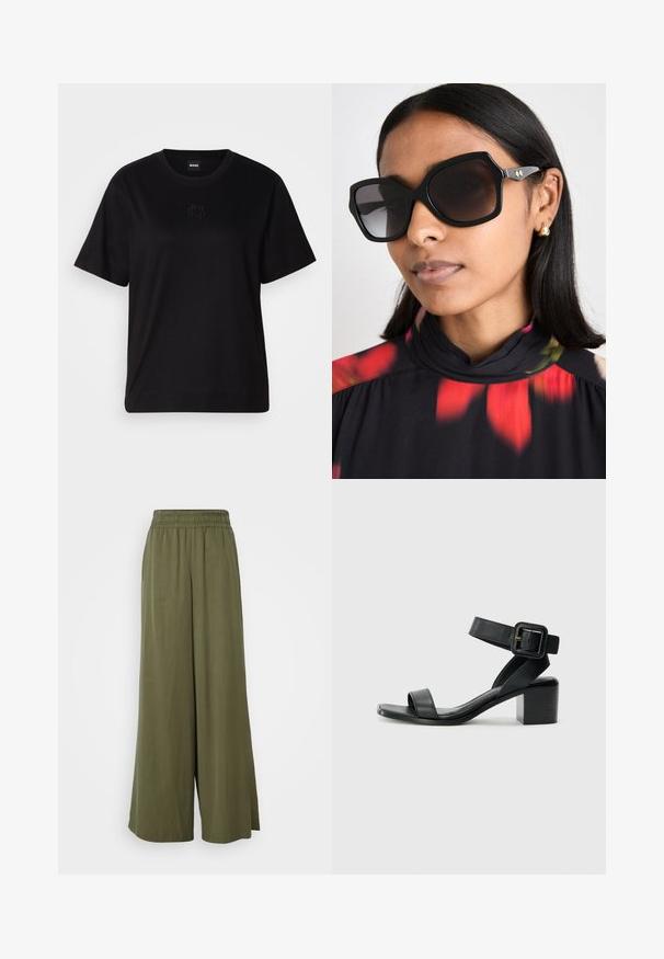Mustmust särk, millel on ümar kaelus, lühikesed varrukad ja tindiga tikitud logo rinnal. Lihtne, mugav lõige ilma mustriteta.; DRYKORN CEILING - Püksid - green; Must mustlastest mustaala sandaal, millel on reguleeritav pahkluu rihm, avatud varvaste disain ja ruudukujuline plokknina. Sujuv tekstuur, minimalistlik stiil.; Mustad ümmargused prillid geomeetrilise raamiga, tumedat tooni läätsed ja kuldset tooni aksessuaarid, kantud lillemustrilise kõrge kaelusega pluusiga.