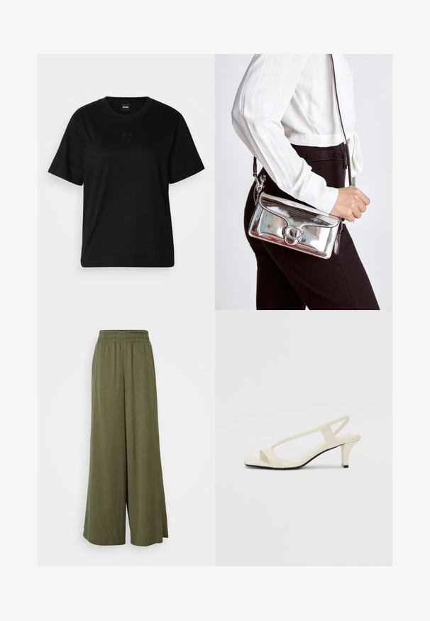 Črna bombažna majica s krožnim izrezom, kratkimi rokavi in izvezenim logotipom na prsih. Preprosta, sproščena silhueta brez vzorcev.; DRYKORN CEILING - Hlače - green; Bež sandale z blok peto, tankimi trakovi in kvadratnim prstom. Gladek material z minimalnim okrasjem, zasnovan za enostavno nošenje.; Metalna srebrna torba z gladko teksturo, ki ima zaponko s krožno obliko, nosi se z črnim oblačilom in belim topom.