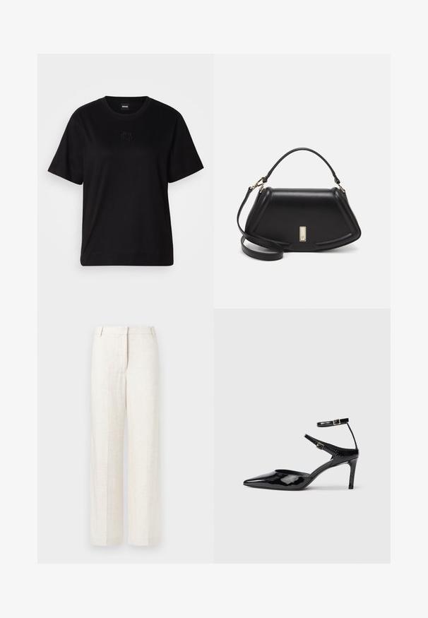 Black cotton t-shirt with a crew neckline, short sleeves, and an embroidered logo on the chest. Simple, relaxed fit with no patterns.; Beige wide-leg trousers in a linen blend, featuring a smooth texture, classic front pleats, and side pockets for added functionality.; Black patent leather heels with a pointed toe, adjustable ankle straps, and a slender heel. Smooth texture with a shiny finish.; Black leather handbag with a structured design, featuring a cropped shape, top handle, and gold hardware accent. Adjustable shoulder strap included.
