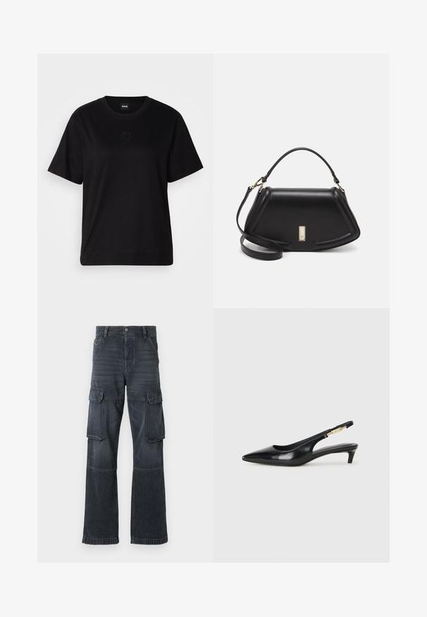 Black cotton t-shirt with a crew neckline, short sleeves, and an embroidered logo on the chest. Simple, relaxed fit with no patterns.; Dark grey cargo pants made of denim, featuring two side pockets and a wide-leg design. Stitched detailing along seams and edges.; Black leather slingback heels with a pointed toe, featuring a slim heel and a gold-tone accent on the adjustable strap. Smooth texture.; Black leather handbag with a structured design, featuring a cropped shape, top handle, and gold hardware accent. Adjustable shoulder strap included.