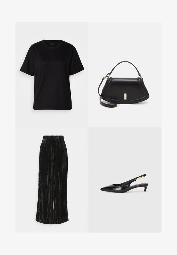 Schwarzes Baumwoll-T-Shirt mit Rundhalsausschnitt, kurzen Ärmeln und aufgesticktem Logo auf der Brust. Einfacher, lässiger Schnitt ohne Muster.; Schwarze, plissierte, weit geschnittene Hose aus einem strukturierten Stoff, mit vertikalen Streifen und einem Bund ohne sichtbare Beschläge.; Schwarze Leder-Slingback-Pumps mit spitzem Schuhblatt, ausgestattet mit einem schlanken Absatz und einem goldfarbigen Akzent am verstellbaren Riemen. Glatte Textur.; Schwarze Lederhandtasche mit einem strukturierten Design, das eine verkürzte Form, einen oberen Griff und goldfarbene Hardware-Details aufweist. Verstellbarer Schulterriemen ist enthalten.