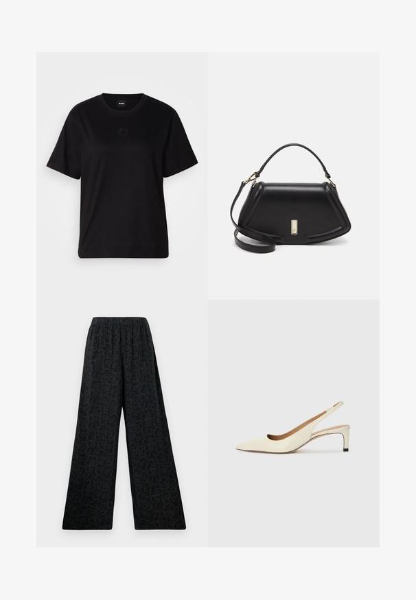 Crna pamučna majica s okruglim izrezom, kratkim rukavima i izvezenim logotipom na prsima. Jednostavan, opušten kroj bez uzorka.; Crne široke hlače s elastikom u struku, ukrašene suptilnim cvjetnim uzorkom obrubljenim tamnijom nijansom. Glatka tekstura tkanine.; Cipele s otvorenim petama u boji off-white, od kože, s uskim vrhom, niskom petom i izrezbarenim dizajnom, glatke teksture i minimalnim detaljima.; Crna kožna torba s strukturiranim dizajnom, s krojenim oblikom, gornjom drškom i zlatnim detaljima. Uključena je podesiva ramena traka.