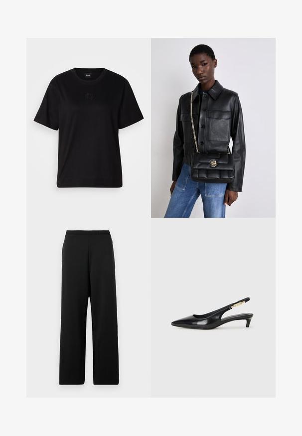 Mustmust särk, millel on ümar kaelus, lühikesed varrukad ja tindiga tikitud logo rinnal. Lihtne, mugav lõige ilma mustriteta.; Mustad laiad mustad püksid, mis on valmistatud pehmest kangast, elastse vöökohaga ja sileda tekstuuriga, ilma mustrite või aksessuaarideta.; Mustad nahast slingback kontsad terava ninaga, millel on õhuke konts ja kuldse tooni aktsent reguleeritaval rihmal. Sile tekstuur.; Mustmust nahkjakks, millel on nööbiga sulgemine ja kaks esikot, koos musta tikandiga käekotiga, millel on kuldne klamber ja ahelrihm.