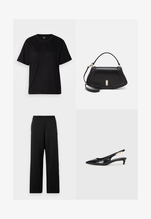 Zwarte katoenen t-shirt met een ronde hals, korte mouwen en een geborduurd logo op de borst. Eenvoudige, comfortabele pasvorm zonder patronen.; Zwarte wijde broekspijpen van zacht materiaal, met een elastische tailleband en een gladde textuur zonder patronen of accenten.; Zwarte leren slingback hakken met een spitse neus, voorzien van een slanke hak en een goudkleurige accent op de verstelbare band. Gladde textuur.; Zwarte leren handtas met een gestructureerd ontwerp, featuring een verkorte vorm, bovenhandvat en gouden hardwareaccent. Inclusief verstelbare schouderband.
