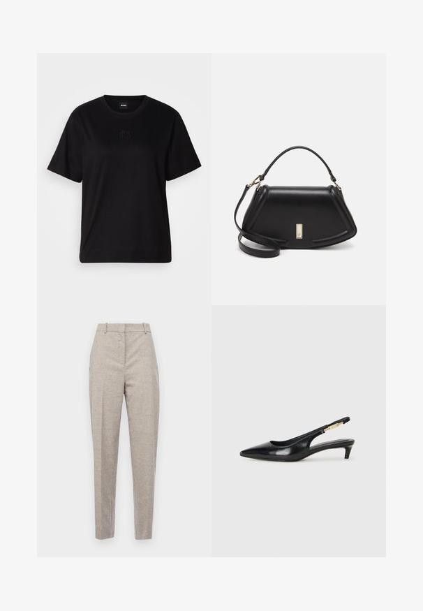 T-shirt en coton noir avec un col rond, des manches courtes et un logo brodé sur la poitrine. Coupe simple et décontractée sans motifs.; BOSS TABITHA - Pantalon classique - open grey; Talons hauts en cuir noir avec un bout pointu, dotés d'un talon fin et d'un accent en ton or sur la lanière réglable. Texture lisse.; Sac à main en cuir noir avec un design structuré, featuring une forme cropped, une poignée supérieure et des accents en matériel doré. Bandoulière réglable incluse.