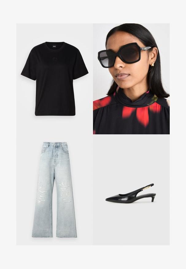 Black cotton t-shirt with a crew neckline, short sleeves, and an embroidered logo on the chest. Simple, relaxed fit with no patterns.; Light blue, high-waisted wide-leg jeans with distressed patches on front thighs and five-pocket style against a plain white background.; Black leather slingback heels with a pointed toe, featuring a slim heel and a gold-tone accent on the adjustable strap. Smooth texture.; Black oversized sunglasses with a geometric frame, dark tinted lenses, and gold-tone accent hardware, worn with a floral pattern high-collared top.