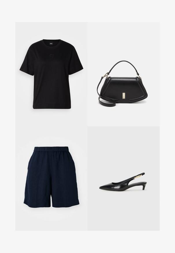 Zwarte katoenen t-shirt met een ronde hals, korte mouwen en een geborduurd logo op de borst. Eenvoudige, comfortabele pasvorm zonder patronen.; Marineblauwe shorts met een elastische tailleband, gemaakt van een lichte stof. Heeft een relaxte pasvorm en zijzakken voor functionaliteit.; Zwarte leren slingback hakken met een spitse neus, voorzien van een slanke hak en een goudkleurige accent op de verstelbare band. Gladde textuur.; Zwarte leren handtas met een gestructureerd ontwerp, featuring een verkorte vorm, bovenhandvat en gouden hardwareaccent. Inclusief verstelbare schouderband.
