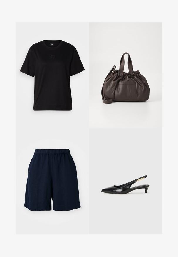 Čierne bavlnené tričko s okrúhlym výstrihom, krátkymi rukávmi a vyšívaným logom na hrudi. Jednoduchý, voľný strih bez vzorov.; Námornícke modré šortky s elastickým pásom, vyrobené z ľahkej tkaniny. Majú voľný strih a bočné vrecká pre praktickosť.; Čierne kožené slingback opätky s špicatou špičkou, s úzkym opätkom a zlatým detailom na nastaviteľnom remienku. Hladká textúra.; Samsøe Samsøe SAEMMI MIDI BAG - Kabelka - dark brown