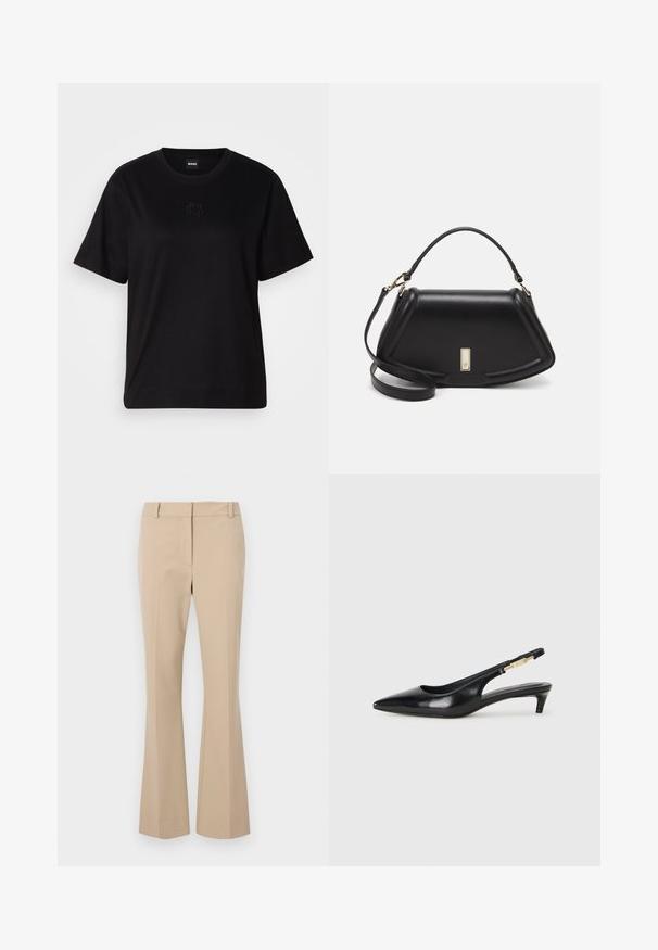 Black cotton t-shirt with a crew neckline, short sleeves, and an embroidered logo on the chest. Simple, relaxed fit with no patterns.; Beige tailored trousers with a straight fit, featuring a flat front, belt loops, and a smooth texture. No visible pockets or patterns.; Black leather slingback heels with a pointed toe, featuring a slim heel and a gold-tone accent on the adjustable strap. Smooth texture.; Black leather handbag with a structured design, featuring a cropped shape, top handle, and gold hardware accent. Adjustable shoulder strap included.