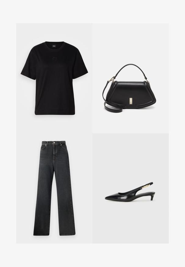 Zwarte katoenen t-shirt met een ronde hals, korte mouwen en een geborduurd logo op de borst. Eenvoudige, comfortabele pasvorm zonder patronen.; Zwarte jeans met brede pijpen en een hoge taille, voorzien van een knoopsluiting, vijf zakken en subtiele vervaging in de stoftextuur.; Zwarte leren slingback hakken met een spitse neus, voorzien van een slanke hak en een goudkleurige accent op de verstelbare band. Gladde textuur.; Zwarte leren handtas met een gestructureerd ontwerp, featuring een verkorte vorm, bovenhandvat en gouden hardwareaccent. Inclusief verstelbare schouderband.