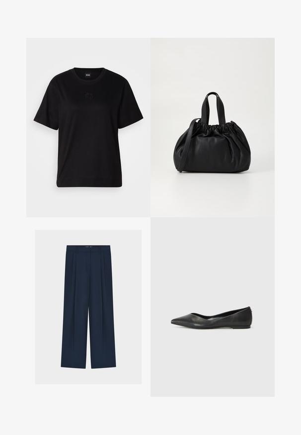 Maglietta in cotone nera con scollatura tonda, maniche corte e logo ricamato sul petto. Design semplice e vestibilità rilassata senza motivi.; Pantaloni ampi blu navy a vita alta, con design plissettato, tessuto liscio e chiusura frontale nascosta.; Ballerine in pelle nera con punta affusolata, tacco basso e texture liscia. Design minimale con un sottile dettaglio laterale.; Borsa a tracolla in pelle nera con design a cima arricciata, dotata di due manici corti e di una lunga tracolla regolabile. Texture liscia, forma arrotondata.