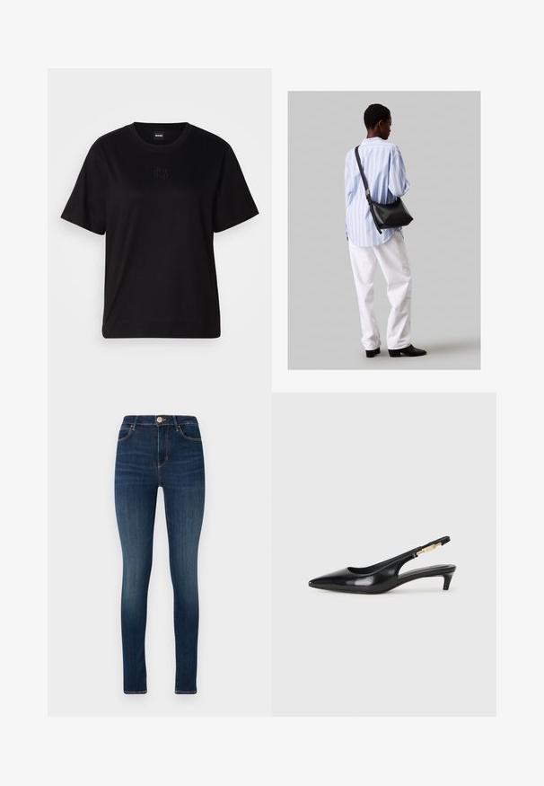 Mustmust särk, millel on ümar kaelus, lühikesed varrukad ja tindiga tikitud logo rinnal. Lihtne, mugav lõige ilma mustriteta.; Tumedad sinised kitsad teksad, millel on ees nuppudega sulgemine, viie tasku disain ja kerged pleekinud kohad reitel.; Mustad nahast slingback kontsad terava ninaga, millel on õhuke konts ja kuldse tooni aktsent reguleeritaval rihmal. Sile tekstuur.; Must have mustras alasi nahkpatsi, pehme tekstuuriga, kolmnurkse kujuga ja reguleeritava rihmaga, koos helesinise triibulise särgi ja valgete pükstega.