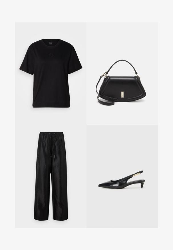 Czarny bawełniany t-shirt z okrągłym dekoltem, krótkimi rękawami i haftowanym logo na piersi. Prosty, luźny krój bez wzorów.; Czarne szerokie spodnie wykonane z błyszczącego materiału, z elastycznym paskiem i sznurkiem do regulacji, z dodatkami w kolorze srebrnym.; Czarne skórzane szpilki typu slingback z ostrym noskiem, posiadające smukły obcas i złoty akcent na regulowanym pasku. Gładka tekstura.; Czarna skórzana torebka o strukturalnym designie, z przyciętą formą, górnym uchwytem i złotymi akcentami. W zestawie regulowany pasek na ramię.