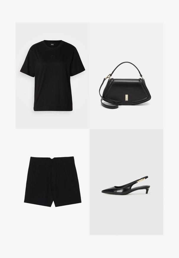 Musta puuvillapaita, jossa on pyöreä kaula-aukko, lyhyet hihat ja brodeerattu logo rinnassa. Yksinkertainen, rento istuvuus ilman kuvioita.; Mustat shortsit, jotka on valmistettu sileästä kankaasta, sivutaskuilla, muotoon leikattu istuvuus ja edessä rakenteelliset laskokset siistin siluetin luomiseksi.; Mustat nahkaiset slingback-korkokengät, joissa on terävä kärki, ohuet korot ja kultasävytteinen yksityiskohta säädettävässä hihnassa. Silkkinen pinta.; Mustalla nahkalaukulla, jossa on jämäkkä muotoilu, lyhyt malli, yläkahva ja kultaiset yksityiskohdat. Säädettävä olkahihna sisältyy.