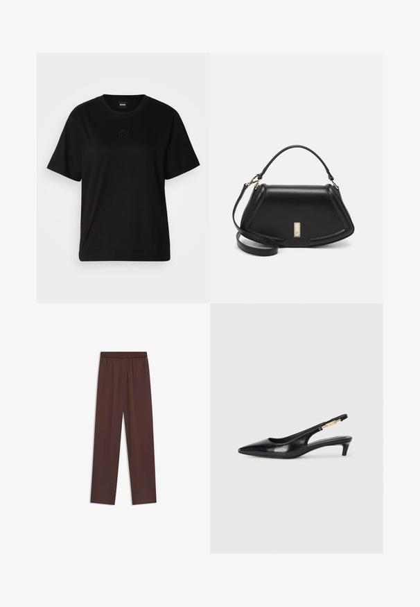 Musta puuvillapaita, jossa on pyöreä kaula-aukko, lyhyet hihat ja brodeerattu logo rinnassa. Yksinkertainen, rento istuvuus ilman kuvioita.; Tummanruskeat suorat lahkeet, joissa on joustava vyötärö ja huomaamaton etusaumadetaili valkoista taustaa vasten.; Mustat nahkaiset slingback-korkokengät, joissa on terävä kärki, ohuet korot ja kultasävytteinen yksityiskohta säädettävässä hihnassa. Silkkinen pinta.; Mustalla nahkalaukulla, jossa on jämäkkä muotoilu, lyhyt malli, yläkahva ja kultaiset yksityiskohdat. Säädettävä olkahihna sisältyy.