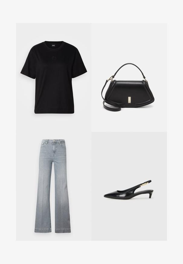 Črna bombažna majica s krožnim izrezom, kratkimi rokavi in izvezenim logotipom na prsih. Preprosta, sproščena silhueta brez vzorcev.; Svetlo sivi, veoma visoki flared traperice. Ima pet džepova, prednje dugme za zatvaranje i čistu ivicu sa suptilnim bljedilom na nogama.; Črne usnjene sandale na peto z ostro konico, ki imajo tanko peto in zlat ton na nastavljivem traku. Gladka tekstura.; Črna usnjena torbica s strukturnim dizajnom, ki ima skrajšano obliko, zgornji ročaj in zlate dodatke. Vključena je nastavljiva ramenska naramnica.