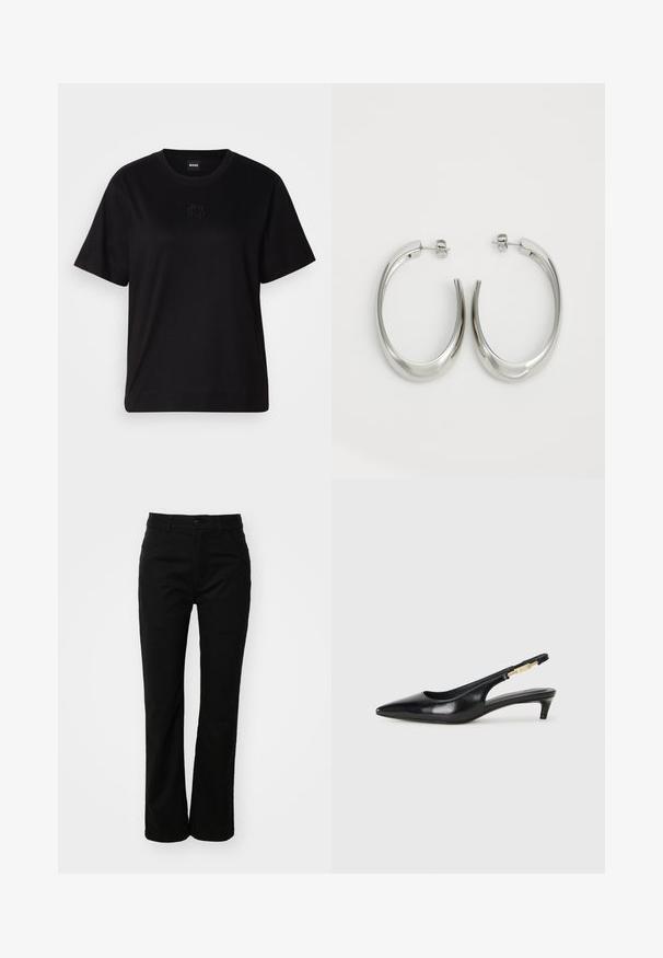 Svart bomullströja med rund halsringning, korta ärmar och en broderad logotyp på bröstet. Enkel, avslappnad passform utan mönster.; Svarta bomullsbyxor med rak bendesign, som har en framknäppning med knapp, bältesömmar och två sidofickor. Slät textur.; Svart läder slingback-hälar med spetsig tå, med en smal klack och en guldtonad detalj på den justerbara remmen. Slät textur.; Silverfärgade hoopsörhängen med en slät, böjd design. Har en glänsande metallisk yta och ett stiftlås. Inga synliga mönster eller detaljer.