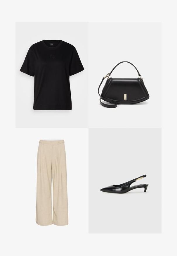 Musta puuvillapaita, jossa on pyöreä kaula-aukko, lyhyet hihat ja brodeerattu logo rinnassa. Yksinkertainen, rento istuvuus ilman kuvioita.; Khitmaveri leveled püksid, millel on tekstuuriga kangas ja kõrge vöökoht, kahte esipainutatud nööpi ja kaht külgtaskut praktilisuse jaoks.; Mustat nahkaiset slingback-korkokengät, joissa on terävä kärki, ohuet korot ja kultasävytteinen yksityiskohta säädettävässä hihnassa. Silkkinen pinta.; Mustalla nahkalaukulla, jossa on jämäkkä muotoilu, lyhyt malli, yläkahva ja kultaiset yksityiskohdat. Säädettävä olkahihna sisältyy.