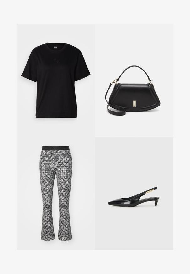 Black cotton t-shirt with a crew neckline, short sleeves, and an embroidered logo on the chest. Simple, relaxed fit with no patterns.; Flared leggings in black and white geometric pattern with floral accents. Features a black elastic waistband for comfort and fit.; Black leather slingback heels with a pointed toe, featuring a slim heel and a gold-tone accent on the adjustable strap. Smooth texture.; Black leather handbag with a structured design, featuring a cropped shape, top handle, and gold hardware accent. Adjustable shoulder strap included.