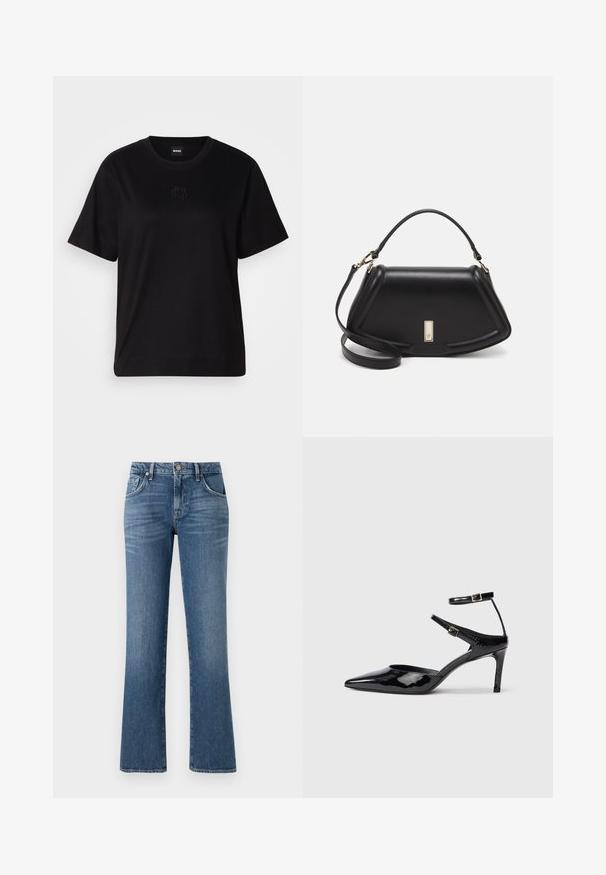 Černé bavlněné tričko s kulatým výstřihem, krátkými rukávy a vyšitým logem na hrudi. Jednoduchý, volný střih bez vzorů.; Modré džínové kalhoty s rozšířenými nohavicemi, styl s pěti kapsami a zapínáním na knoflík vepředu, s středním pasem a vybledlým vzhledem.; Černé lakované kožené lodičky s špičatou špičkou, nastavitelnými nártními pásky a štíhlým podpatkem. Hladký povrch s lesklým povrchem.; Černá kožená kabelka se strukturovaným designem, jejíž tvar je zkrácený, má horní rukojeť a zlaté kovové detaily. Součástí je i nastavitelný ramenní popruh.