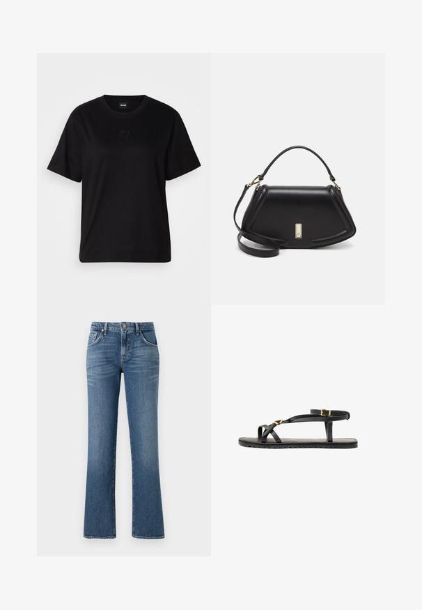 T-shirt en coton noir avec un col rond, des manches courtes et un logo brodé sur la poitrine. Coupe simple et décontractée sans motifs.; Jean en denim bleu avec une coupe évasée, style à cinq poches et fermeture à bouton sur le devant, dotée d'une taille mi-haute et d'une finition délavée.; Sandales en cuir noir avec de fines lanières et une sangle autour de la cheville à boucle. Semelle plate avec une finition texturée et un bord en zigzag. Design minimaliste.; Sac à main en cuir noir avec un design structuré, featuring une forme cropped, une poignée supérieure et des accents en matériel doré. Bandoulière réglable incluse.
