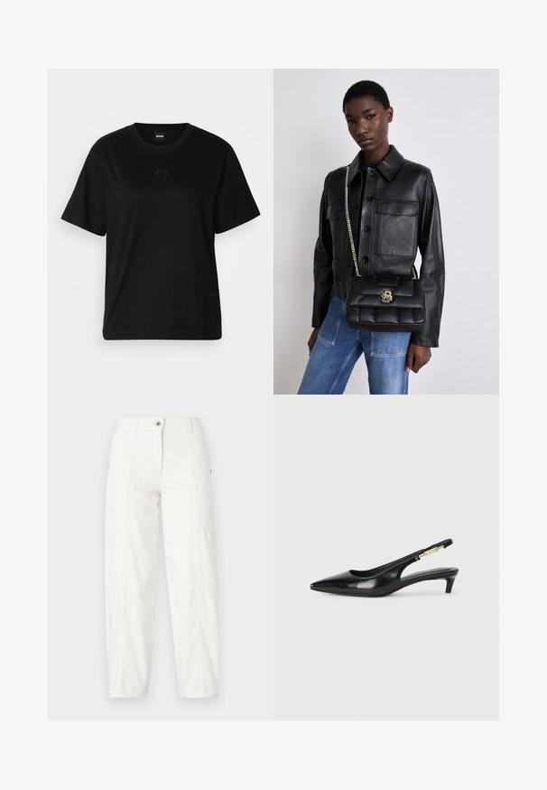 Black cotton t-shirt with a crew neckline, short sleeves, and an embroidered logo on the chest. Simple, relaxed fit with no patterns.; White cargo pants with a straight leg design, featuring side pockets, a button closure, and visible stitching details. Smooth, durable fabric.; Black leather slingback heels with a pointed toe, featuring a slim heel and a gold-tone accent on the adjustable strap. Smooth texture.; Black leather jacket with button closure and two front pockets, paired with a black quilted handbag featuring a gold clasp and chain strap.