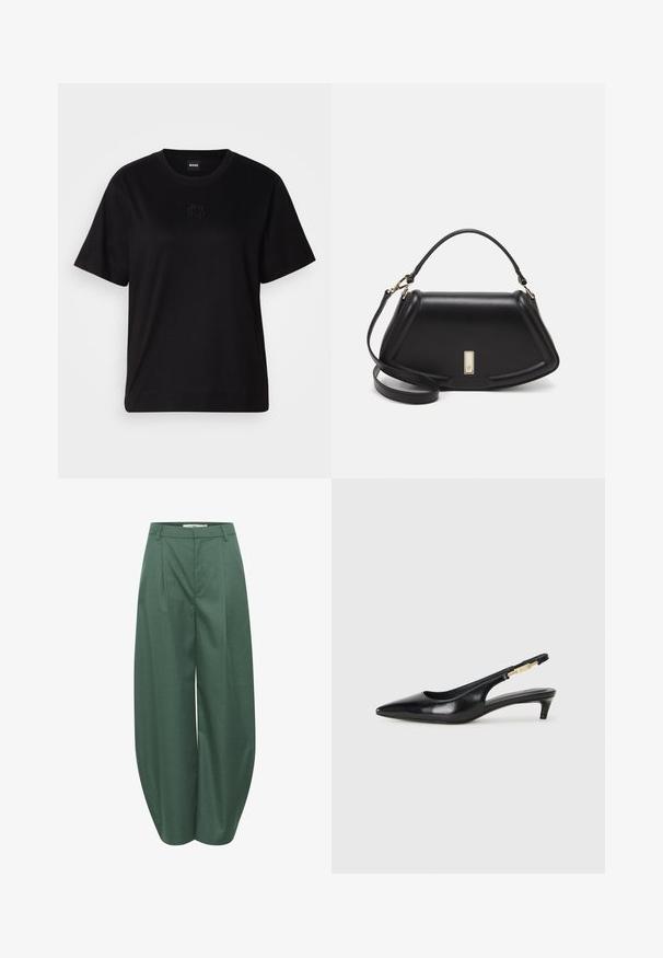 Black cotton t-shirt with a crew neckline, short sleeves, and an embroidered logo on the chest. Simple, relaxed fit with no patterns.; Gestuz CALLIA BARREL PANTS - Trousers - posy green melange; Black leather slingback heels with a pointed toe, featuring a slim heel and a gold-tone accent on the adjustable strap. Smooth texture.; Black leather handbag with a structured design, featuring a cropped shape, top handle, and gold hardware accent. Adjustable shoulder strap included.