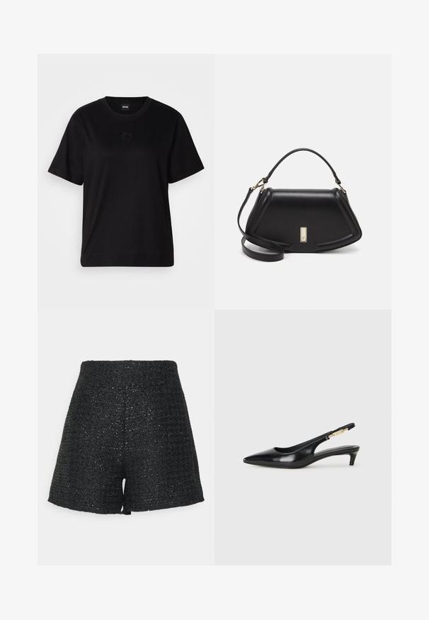 Črna bombažna majica s krožnim izrezom, kratkimi rokavi in izvezenim logotipom na prsih. Preprosta, sproščena silhueta brez vzorcev.; Črne tkane hlače s teksturiranim zaključkom in subtilnim sijajem. Imajo visok pas in strukturirano A-linijsko obliko.; Črne usnjene sandale na peto z ostro konico, ki imajo tanko peto in zlat ton na nastavljivem traku. Gladka tekstura.; Črna usnjena torbica s strukturnim dizajnom, ki ima skrajšano obliko, zgornji ročaj in zlate dodatke. Vključena je nastavljiva ramenska naramnica.