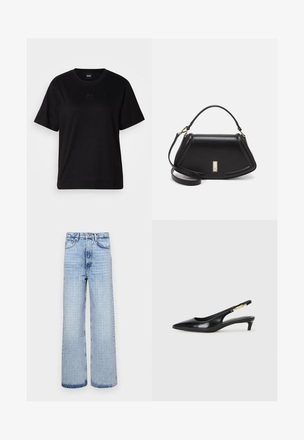 Musta puuvillapaita, jossa on pyöreä kaula-aukko, lyhyet hihat ja brodeerattu logo rinnassa. Yksinkertainen, rento istuvuus ilman kuvioita.; Vaaleansiniset farkut, joissa on leveä lahje, ja joissa on rei'itettyjä yksityiskohtia ympäriinsä sekä klassinen viisi-tasku tyyli.; Mustat nahkaiset slingback-korkokengät, joissa on terävä kärki, ohuet korot ja kultasävytteinen yksityiskohta säädettävässä hihnassa. Silkkinen pinta.; Mustalla nahkalaukulla, jossa on jämäkkä muotoilu, lyhyt malli, yläkahva ja kultaiset yksityiskohdat. Säädettävä olkahihna sisältyy.