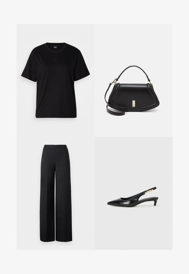Maglietta in cotone nera con scollatura tonda, maniche corte e logo ricamato sul petto. Design semplice e vestibilità rilassata senza motivi.; Pantaloni neri a gamba larga realizzati in un tessuto liscio. Presentano una vita alta e linee pulite e dritte senza tasche visibili o decorazioni.; Tacchi slingback in pelle nera con punta affusolata, caratterizzati da un tacco alto e un accento dorato sulla cinghia regolabile. Texture liscia.; Borsa a mano in pelle nera con un design strutturato, caratterizzata da una forma corta, manico superiore e accessori in metallo dorato. Inclusa tracolla regolabile.