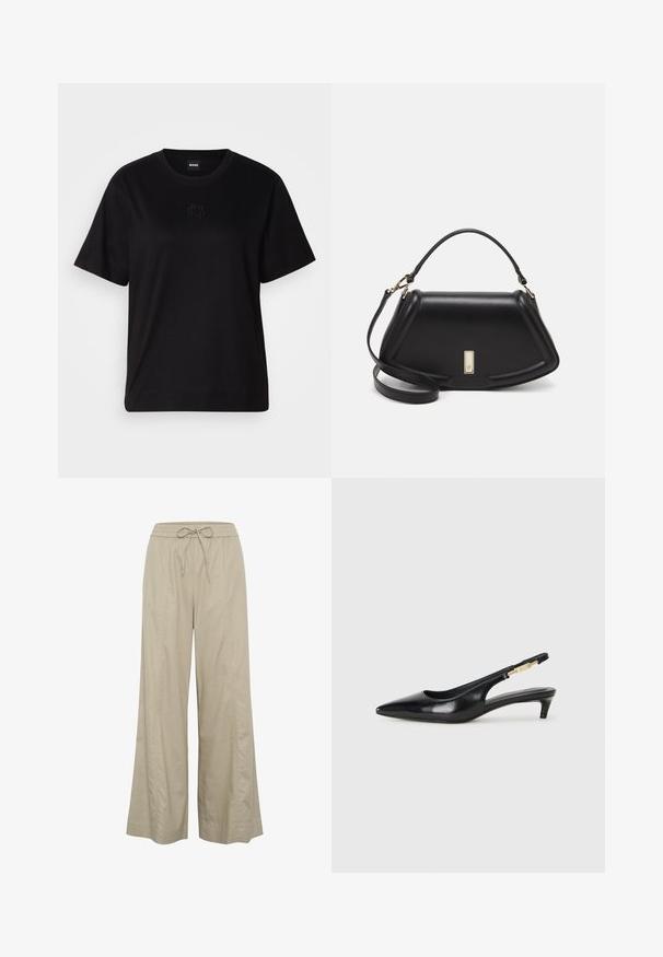 Black cotton t-shirt with a crew neckline, short sleeves, and an embroidered logo on the chest. Simple, relaxed fit with no patterns.; Beige wide-leg pants made from a lightweight fabric, featuring a drawstring elastic waistband and side pockets. Smooth texture, minimalist design.; Black leather slingback heels with a pointed toe, featuring a slim heel and a gold-tone accent on the adjustable strap. Smooth texture.; Black leather handbag with a structured design, featuring a cropped shape, top handle, and gold hardware accent. Adjustable shoulder strap included.