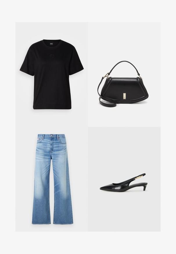 Crna pamučna majica s okruglim izrezom, kratkim rukavima i izvezenim logotipom na prsima. Jednostavan, opušten kroj bez uzorka.; Calvin Klein Jeans LOW RISE BAGGY - Traperice opuštenog kroja - diamond cove; Crne kožne sandale s petom, s izduženim vrhom, imaju usku petu i zlatni akcent na podesivoj traci. Glatka tekstura.; Crna kožna torba s strukturiranim dizajnom, s krojenim oblikom, gornjom drškom i zlatnim detaljima. Uključena je podesiva ramena traka.