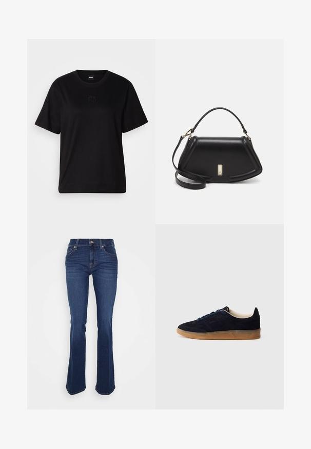 Zwarte katoenen t-shirt met een ronde hals, korte mouwen en een geborduurd logo op de borst. Eenvoudige, comfortabele pasvorm zonder patronen.; Getailleerde spijkerbroeken in een flared model, gemaakt van denim. Ze hebben een hoge taille, voorzakken en contrasterende stiksels. De stof heeft een gladde textuur.; Marineblauwe suède sneaker met een buitenzool van gumrubber, blauwe veters en een minimalistisch design. Heeft een geperst logo aan de zijkant en een gladde binnenvoering.; Zwarte leren handtas met een gestructureerd ontwerp, featuring een verkorte vorm, bovenhandvat en gouden hardwareaccent. Inclusief verstelbare schouderband.