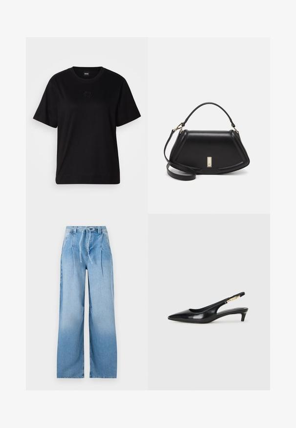 Crna pamučna majica s okruglim izrezom, kratkim rukavima i izvezenim logotipom na prsima. Jednostavan, opušten kroj bez uzorka.; Svijetloplave traper široke hlače s naboranim detaljima, elastičnim pojasom i vezicom. Glatka tekstura i dizajn punih dužina.; Crne kožne sandale s petom, s izduženim vrhom, imaju usku petu i zlatni akcent na podesivoj traci. Glatka tekstura.; Crna kožna torba s strukturiranim dizajnom, s krojenim oblikom, gornjom drškom i zlatnim detaljima. Uključena je podesiva ramena traka.