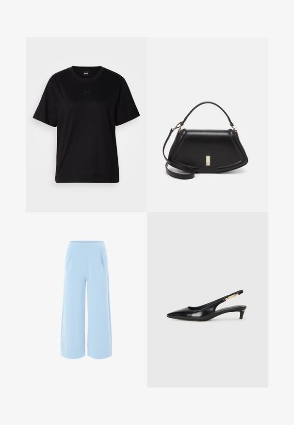 Schwarzes Baumwoll-T-Shirt mit Rundhalsausschnitt, kurzen Ärmeln und aufgesticktem Logo auf der Brust. Einfacher, lässiger Schnitt ohne Muster.; Helles blauweite Hosen mit glatter Textur, elastischem Bund und aufgerolltem Saum. Verfügt über zwei vordere Falten für zusätzliche Details.; Schwarze Leder-Slingback-Pumps mit spitzem Schuhblatt, ausgestattet mit einem schlanken Absatz und einem goldfarbigen Akzent am verstellbaren Riemen. Glatte Textur.; Schwarze Lederhandtasche mit einem strukturierten Design, das eine verkürzte Form, einen oberen Griff und goldfarbene Hardware-Details aufweist. Verstellbarer Schulterriemen ist enthalten.