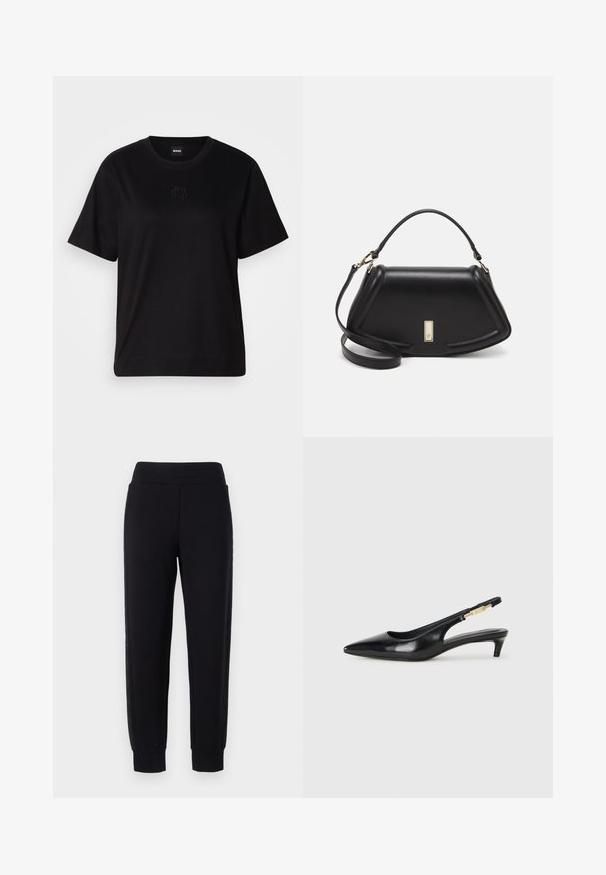 Black cotton t-shirt with a crew neckline, short sleeves, and an embroidered logo on the chest. Simple, relaxed fit with no patterns.; Black sweatpants with tapered legs, featuring a wide elastic waistband and textured side panels. Made from a soft, stretchy material.; Black leather slingback heels with a pointed toe, featuring a slim heel and a gold-tone accent on the adjustable strap. Smooth texture.; Black leather handbag with a structured design, featuring a cropped shape, top handle, and gold hardware accent. Adjustable shoulder strap included.
