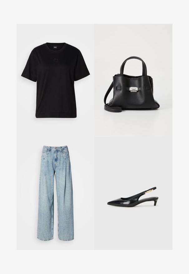 T-shirt de algodão preto com decote redondo, mangas curtas e um logótipo bordado no peito. Corte simples e descontraído, sem padrões.; Jeans de cintura alta em azul claro com pernas largas, com bolsos frontais, fecho de botão e passantes para cinto, contra um fundo branco liso.; Saltos slingback em couro preto com bico fino, apresentando um salto esguio e um detalhe em tom dourado na alça ajustável. Textura suave.; Bolsa de mão de couro preto com um acabamento texturizado, apresentando duas alças superiores, uma alça de ombro destacável e um detalhe de fecho prateado.