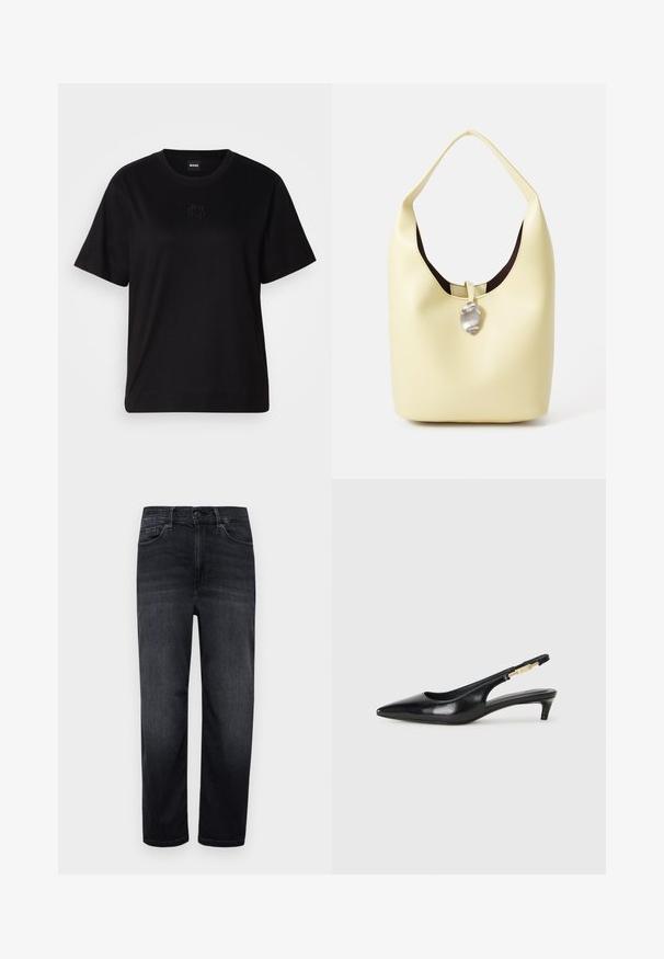 Schwarzes Baumwoll-T-Shirt mit Rundhalsausschnitt, kurzen Ärmeln und aufgesticktem Logo auf der Brust. Einfacher, lässiger Schnitt ohne Muster.; Dunkelblaue Denim-Jeans mit normaler Passform, geraden Beinen, Fronttaschen, einer kleinen Münztasche und einem Knopfverschluss. Glatte Textur und minimale Ausbleichung.; Schwarze Leder-Slingback-Pumps mit spitzem Schuhblatt, ausgestattet mit einem schlanken Absatz und einem goldfarbigen Akzent am verstellbaren Riemen. Glatte Textur.; Hobo-Tasche aus weichem gelbem Leder mit abgerundeter Form. Besitzt eine glatte Oberfläche, ein dunkles Innenfutter und einen silberfarbenen Akzent am Verschluss.