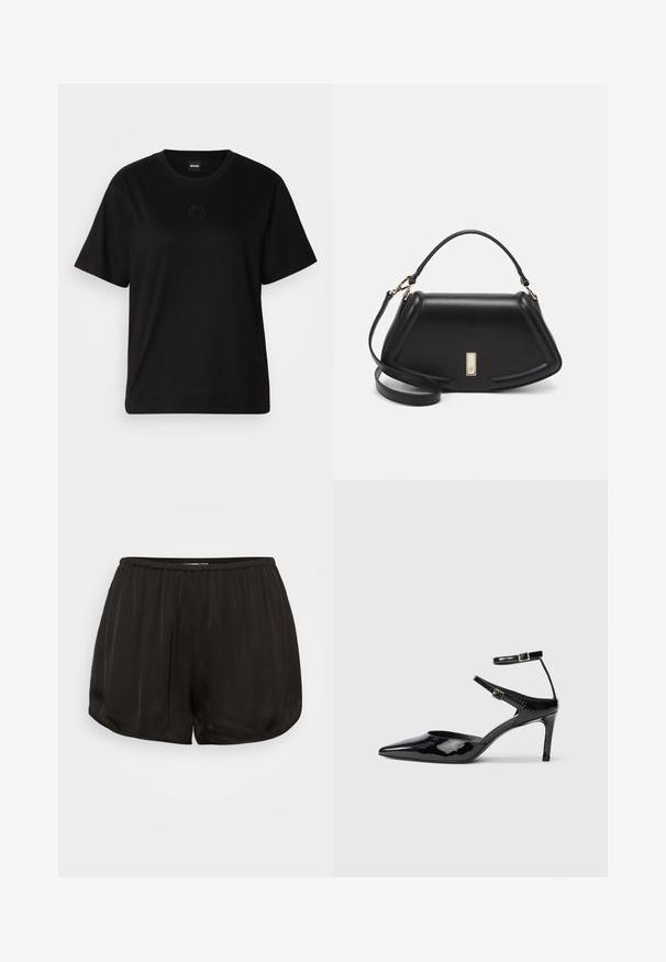Black cotton t-shirt with a crew neckline, short sleeves, and an embroidered logo on the chest. Simple, relaxed fit with no patterns.; Black satin shorts with an elastic waistband, featuring a pleated design. The edges are rounded for a loose fit and smooth texture.; Black patent leather heels with a pointed toe, adjustable ankle straps, and a slender heel. Smooth texture with a shiny finish.; Black leather handbag with a structured design, featuring a cropped shape, top handle, and gold hardware accent. Adjustable shoulder strap included.