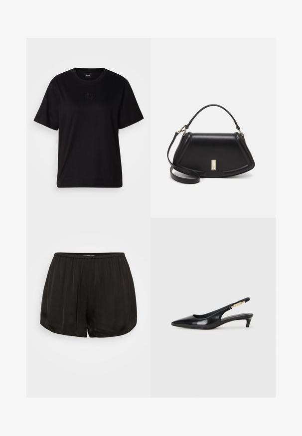 Zwarte katoenen t-shirt met een ronde hals, korte mouwen en een geborduurd logo op de borst. Eenvoudige, comfortabele pasvorm zonder patronen.; Zwarte satijnen shorts met een elastische tailleband, met een geplooid ontwerp. De randen zijn afgerond voor een losse pasvorm en een soepele textuur.; Zwarte leren slingback hakken met een spitse neus, voorzien van een slanke hak en een goudkleurige accent op de verstelbare band. Gladde textuur.; Zwarte leren handtas met een gestructureerd ontwerp, featuring een verkorte vorm, bovenhandvat en gouden hardwareaccent. Inclusief verstelbare schouderband.