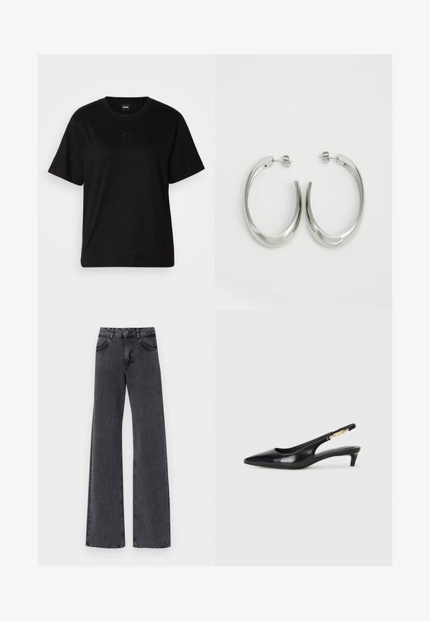 Črna bombažna majica s krožnim izrezom, kratkimi rokavi in izvezenim logotipom na prsih. Preprosta, sproščena silhueta brez vzorcev.; Črne flare jeans hlače z visokim pasom, ki imajo dve sprednji žep in subtilne šive ob šivih.; Črne usnjene sandale na peto z ostro konico, ki imajo tanko peto in zlat ton na nastavljivem traku. Gladka tekstura.; Srebrni uhani v obliki obroča z gladkim, ukrivljenim oblikovanjem. Imajo sijajno kovinsko površino in zapiranje na žebljiček. Brez vidnih vzorcev ali dodatkov.