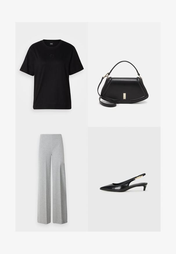 Melna kokvilnas T-krekls ar apaļu izgriezumu, īsām piedurknēm un izšūtu logotipu uz krūtīm. Vienkāršs, brīvs piegriezums bez rakstiem.; Pelēkas plašas bikses, izgatavotas no mīksta, elastīga auduma. Iezīmējas ar augsto jostasvietu un gludu, minimālu dizainu bez papildu detaļām.; Melnas ādas slingback zābaki ar smailu purngalu, ar šauru papēdi un zelta krāsas akcentu uz regulējama siksniņas. Gluda tekstūra.; Melnas ādas roku soma ar struktūru, ar īsu formu, augšējo rokturi un zelta aksesuāriem. Iekļauta regulējama plecu siksna.