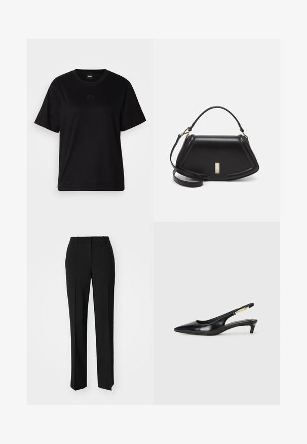 Schwarzes Baumwoll-T-Shirt mit Rundhalsausschnitt, kurzen Ärmeln und aufgesticktem Logo auf der Brust. Einfacher, lässiger Schnitt ohne Muster.; Schwarze, taillierte Hose mit geradem Bein, aus einem glatten Stoff und mit klaren Falten an der Vorderseite. Keine sichtbare Hardware.; Schwarze Leder-Slingback-Pumps mit spitzem Schuhblatt, ausgestattet mit einem schlanken Absatz und einem goldfarbigen Akzent am verstellbaren Riemen. Glatte Textur.; Schwarze Lederhandtasche mit einem strukturierten Design, das eine verkürzte Form, einen oberen Griff und goldfarbene Hardware-Details aufweist. Verstellbarer Schulterriemen ist enthalten.