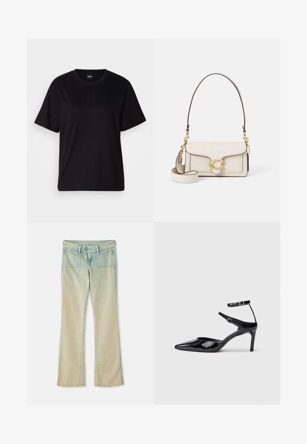 T-shirt en coton noir avec un col rond, des manches courtes et un logo brodé sur la poitrine. Coupe simple et décontractée sans motifs.; Jean flare en denim bleu clair avec une finition délavée, présentant des passants de ceinture, deux poches avant et deux poches arrière avec des accents de couture.; Talons en cuir verni noir avec un bout pointu, des sangles de cheville ajustables et un talon fin. Texture lisse avec une finition brillante.; Sac en cuir crème avec un design structuré, bords noirs contrastants, quincaillerie dorée et une bandoulière détachable ornée d'un logo signature.