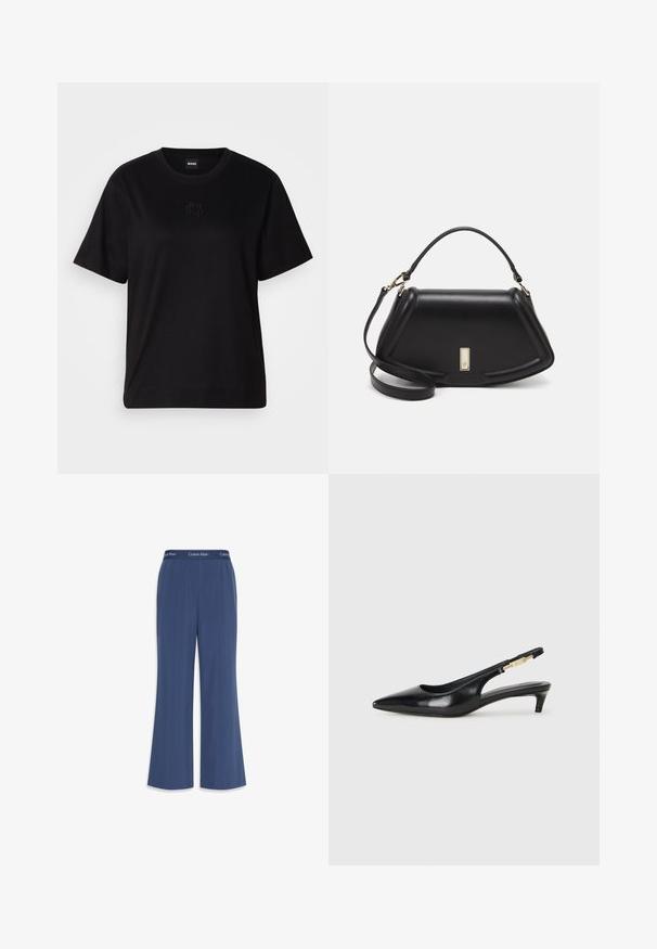 Black cotton t-shirt with a crew neckline, short sleeves, and an embroidered logo on the chest. Simple, relaxed fit with no patterns.; Navy wide-leg pants made of soft fabric with a smooth texture. Features an elastic waistband with "Calvin Klein" logo along the top.; Black leather slingback heels with a pointed toe, featuring a slim heel and a gold-tone accent on the adjustable strap. Smooth texture.; Black leather handbag with a structured design, featuring a cropped shape, top handle, and gold hardware accent. Adjustable shoulder strap included.