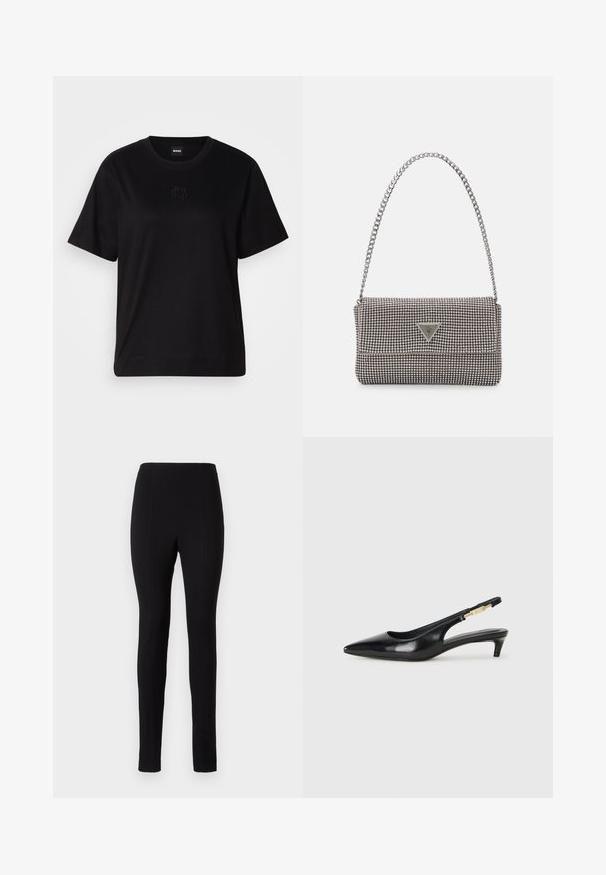 Fekete pamut póló kerek nyakkivágással, rövid ujjakkal és hímzett logóval a mellkasán. Egyszerű, laza szabás, minta nélkül.; Fekete leggings, amelyek fitted kialakítással, sima felülettel és függőleges varrás részletekkel rendelkeznek a lábak mentén. Nincsenek látható zsebek vagy díszítések.; Fekete bőr slingback magassarkúk, hegyes orral, vékony sarkakkal és arany színű részlettel a állítható pánton. Simа felület.; Világosszürke fémes kézitáska lánc pánttal, kis kör alakú fém kifinomult díszítéssel és háromszög alakú márkagéppel.