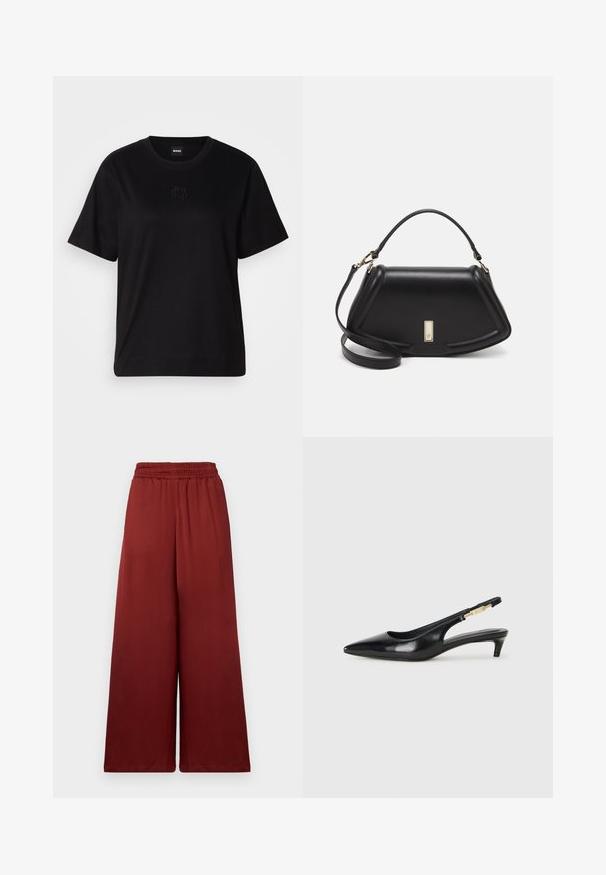Svart bomull T-skjorte med rund hals, korte ermer og et brodert logo på brystet. Enkel, avslappet passform uten mønstre.; Vide benutte bukser laget av glatt stoff i en dyp burgunderfarge, med elastisk midjebånd for komfort og flytende fall.; Sorte lærreim hæler med spiss tå, som har en slank hæl og en gullfarget detalj på den justerbare stroppen. Glatt tekstur.; Sort lærveske med en strukturert design, som har en avkortet form, topphåndtak og detaljer i gull. Justerbar skulderstropp inkludert.